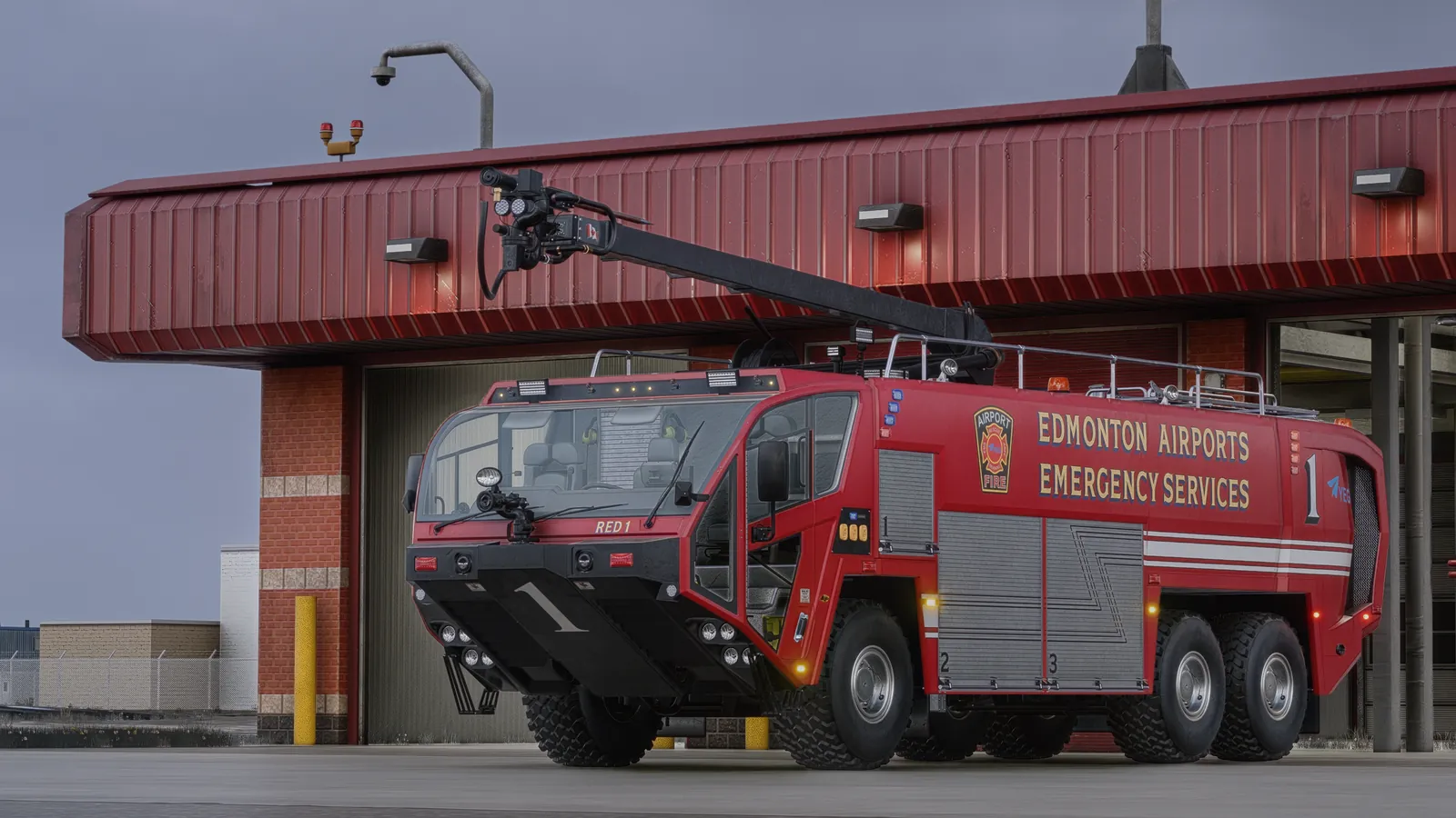 ARFF vehicle leaving the fire station